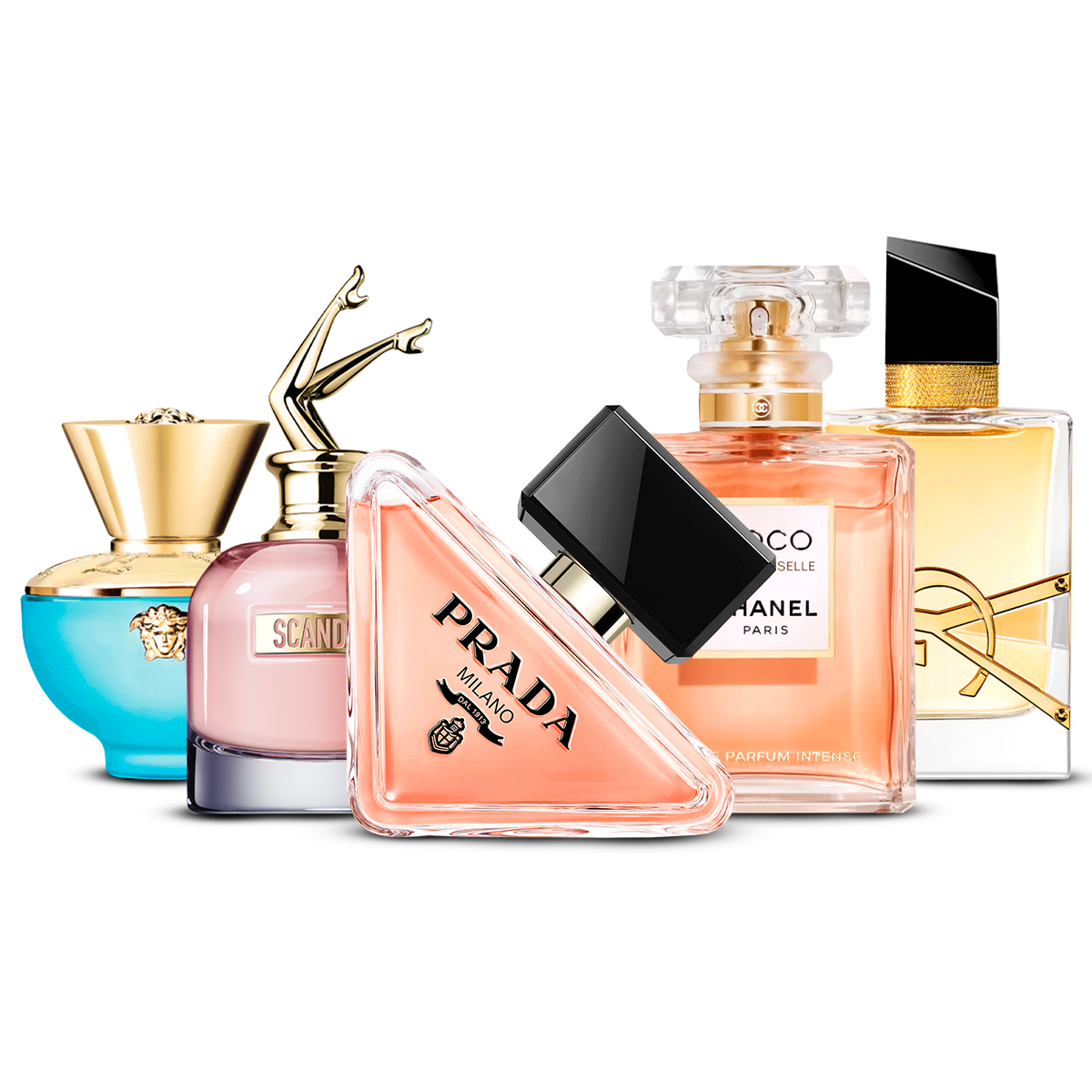 Kombinace 5 dámských parfémů – Versace Dylan Turquoise, Scandal, Prada Paradoxe, Coco Mademoiselle a Yves Saint Laurent Libre [každý 100 ml]