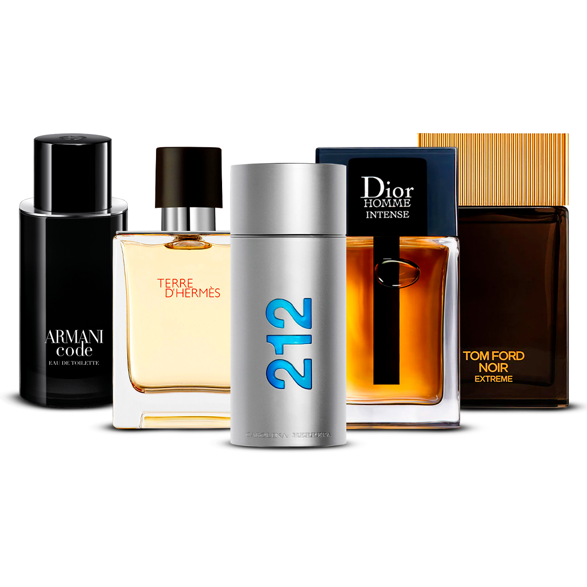 Kombinace 5 pánských parfémů – Armani Code, Terre d'Hermès, 212 Men, Dior Homme Intense a Tom Ford Noir Extrême [každý 100 ml]
